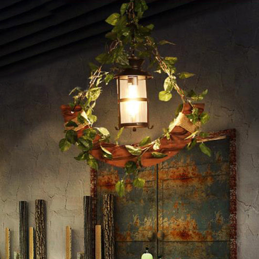 Vintage Lantern Metal LED Pendant Light in Pink/Green with Plant/Cherry Blossom for Restaurant