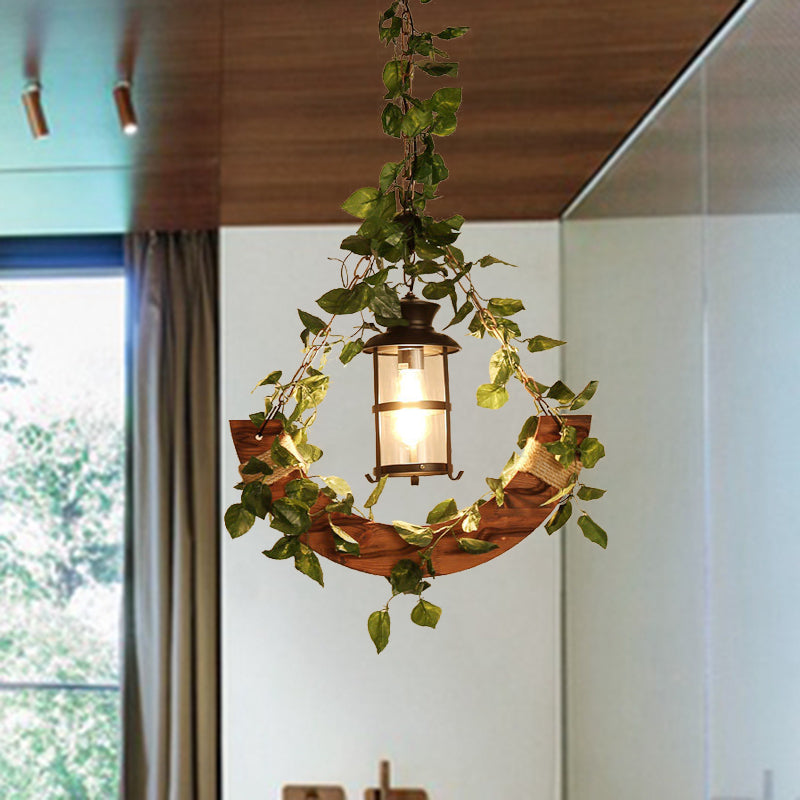 Vintage Lantern Suspension Lamp - 1 Head Metal Led Pendant Light In Pink/Green Plant/Cherry Blossom