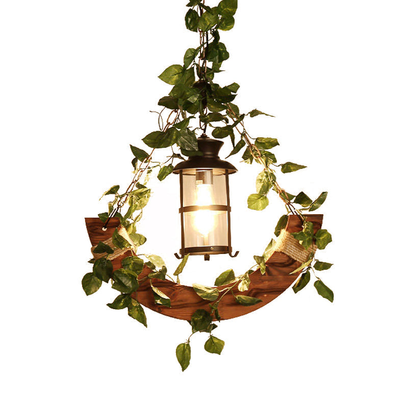 Vintage Lantern Suspension Lamp - 1 Head Metal Led Pendant Light In Pink/Green Plant/Cherry Blossom