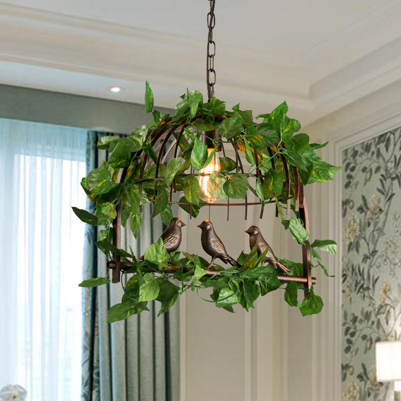 Vintage Black Metal Birdcage Pendant Light With Led Plant - Perfect For Restaurants