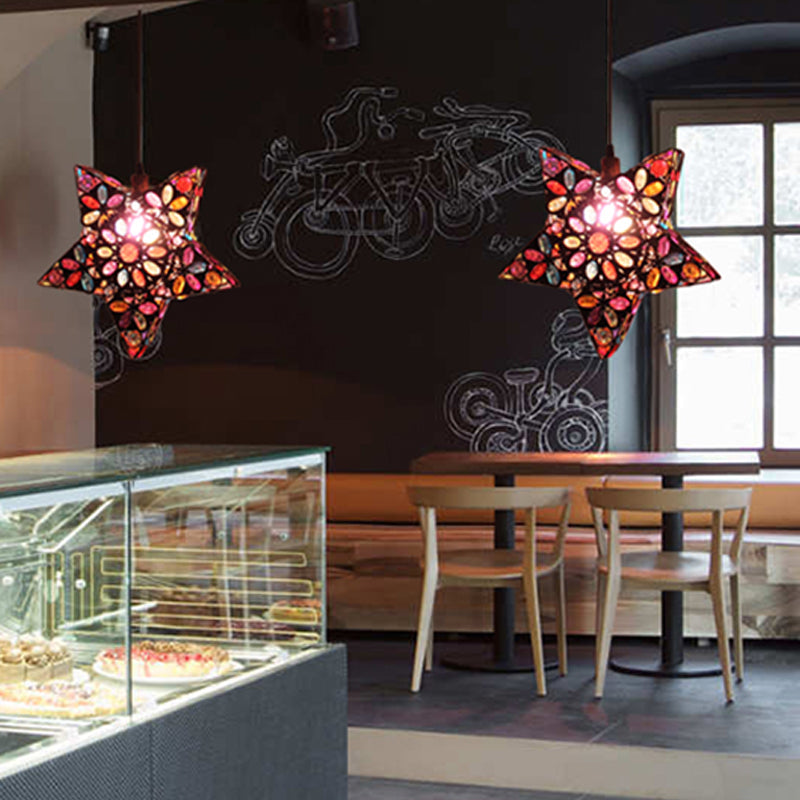 Metal Pentagram Pendant Ceiling Light Art Deco 1 Head Drop Lamp In Black/Red/Yellow