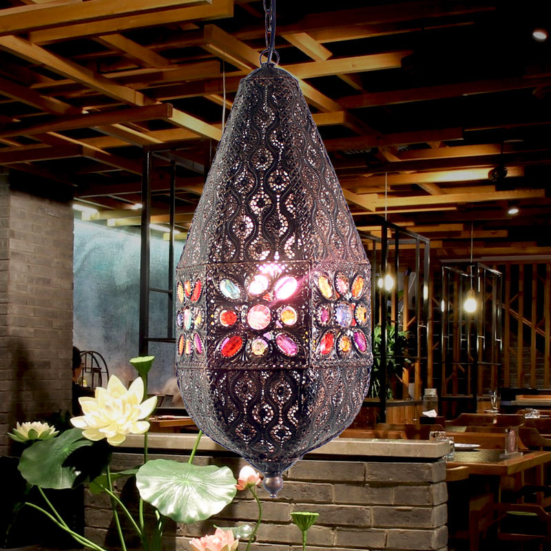 Vintage Metal Pendant Lamp With Purple/Green Droplet Design - Restaurant Suspension Lighting
