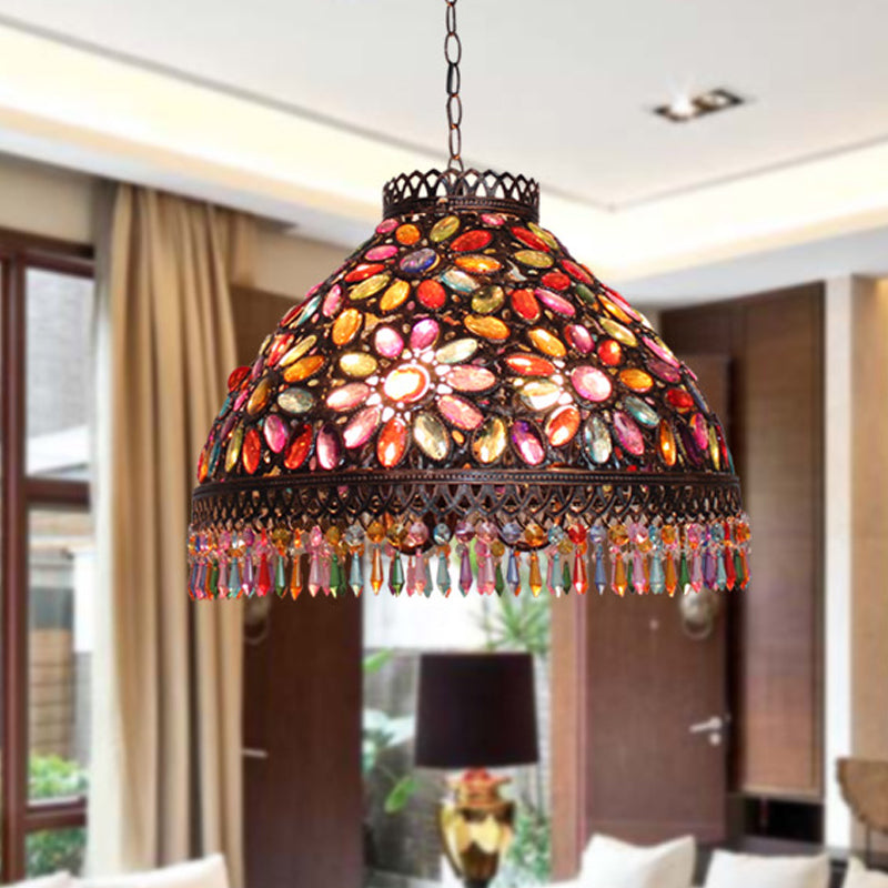 Art Deco Rust Metal Bowl Chandelier - 3 Bulbs Ceiling Light For Living Room
