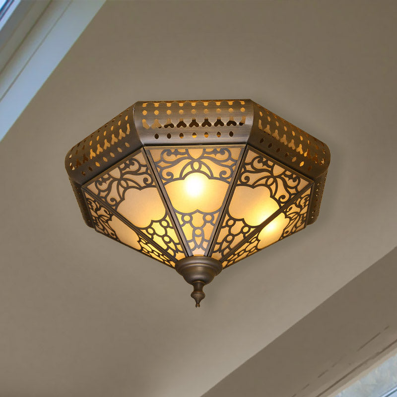 Traditional Brass Finish Metal Flush Mount Lamp Fixture with 3 Cone Lights