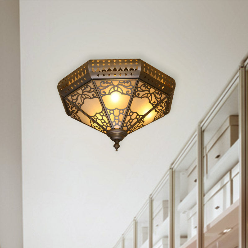 Traditional Brass Finish Metal Flush Mount Lamp Fixture with 3 Cone Lights