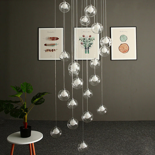 Modernist Glass Pendant Light with 16 Clear Dimpled Balls in White