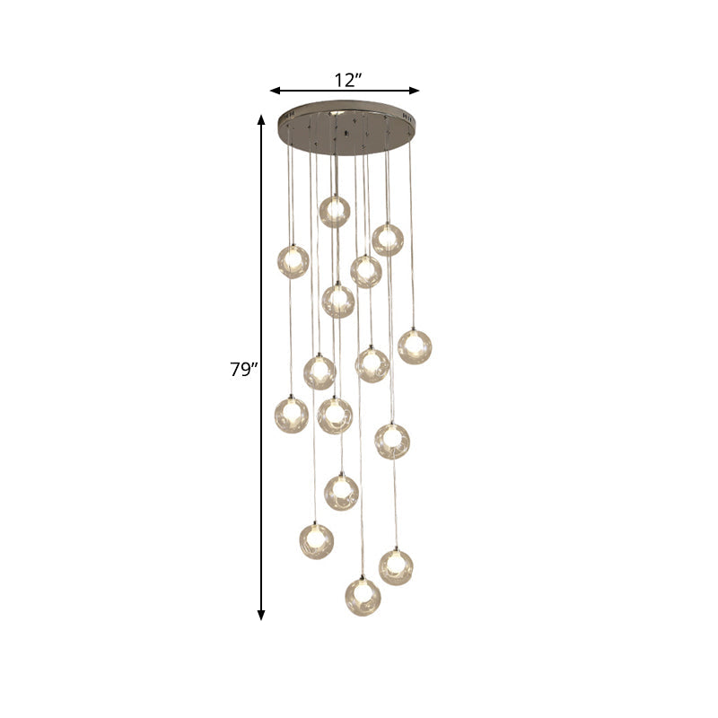 Modernist Glass Pendant Light with 16 Clear Dimpled Balls in White