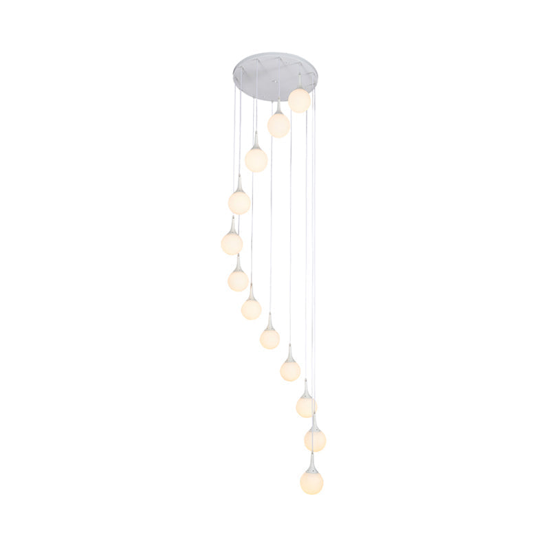 Contemporary Milk Glass Spiral Stair Pendant Light - 12 Heads, White, Round/Square - Hanging Lamp