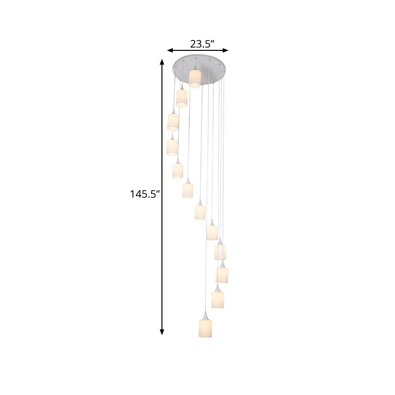 Contemporary Milk Glass Spiral Stair Pendant Light - 12 Heads, White, Round/Square - Hanging Lamp
