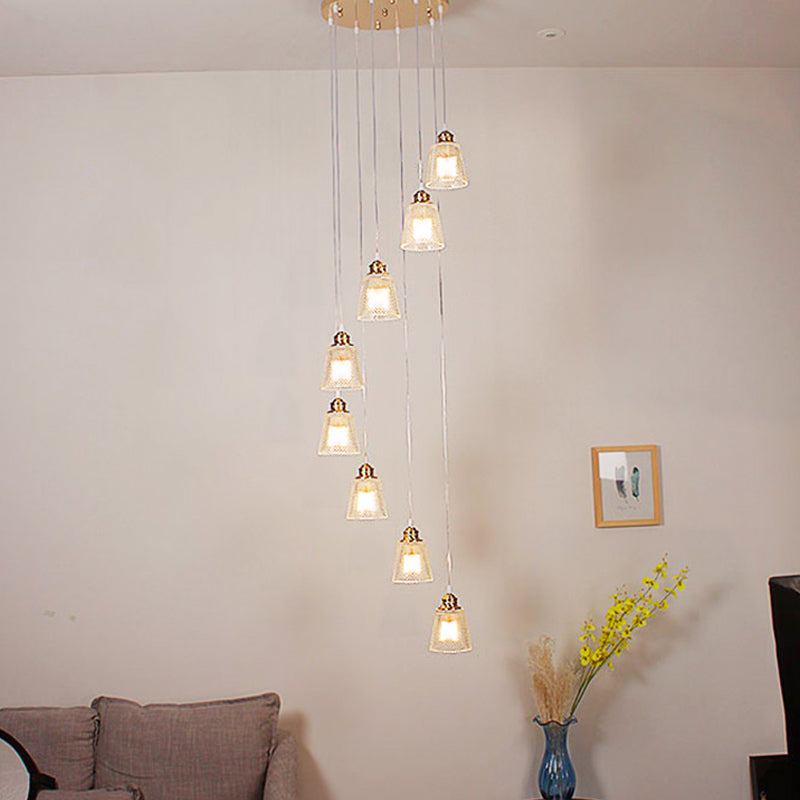 Modernist Cone Hanging Lamp Kit - 8-Bulb Gold Multi Light Pendant with Spiral Design