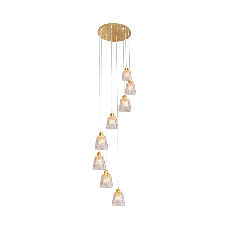 Modernist Cone Hanging Lamp Kit - 8-Bulb Clear Lattice Glass Pendant In Gold With Spiral Design