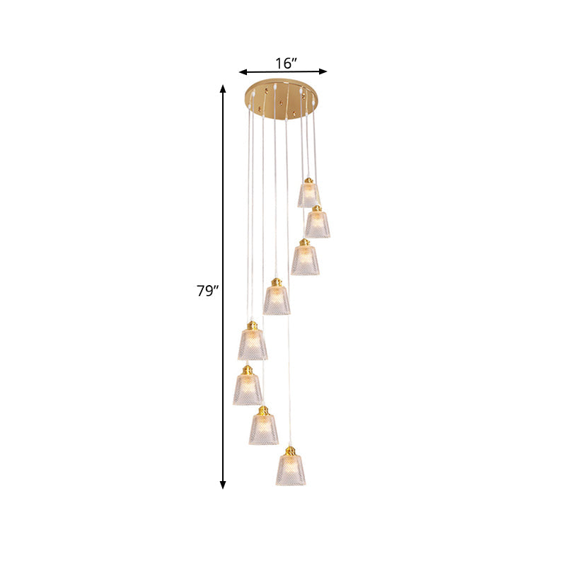 Modernist Cone Hanging Lamp Kit - 8-Bulb Clear Lattice Glass Pendant In Gold With Spiral Design