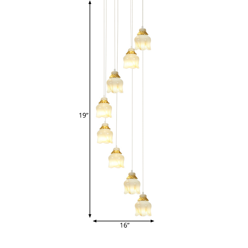 Modern 8-Light White Glass Floral Pendant Lamp with Gold Stair Hanging Design
