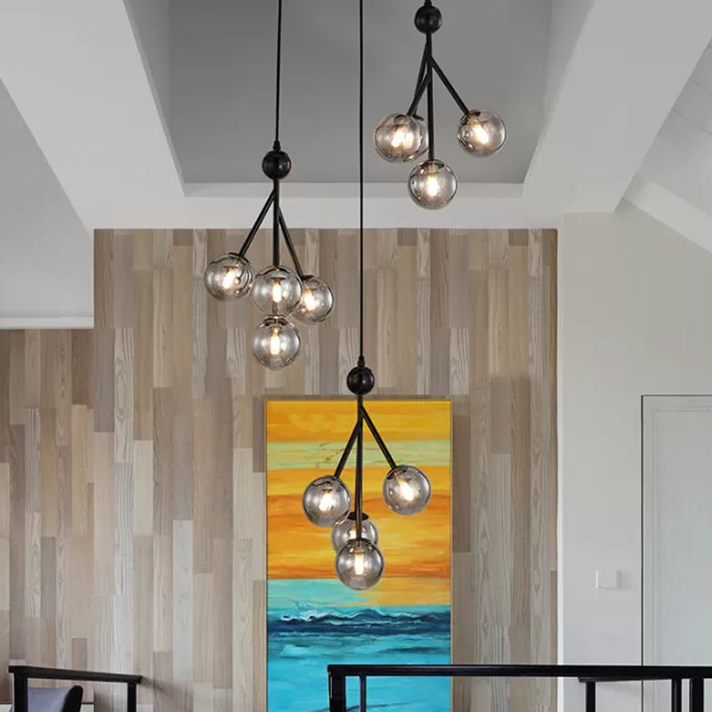 Modern Black/Gold 12-Bulb Multi-Light Pendant LED Hanging Lamp with Clear/Amber/Smoke Gray Glass Spheres