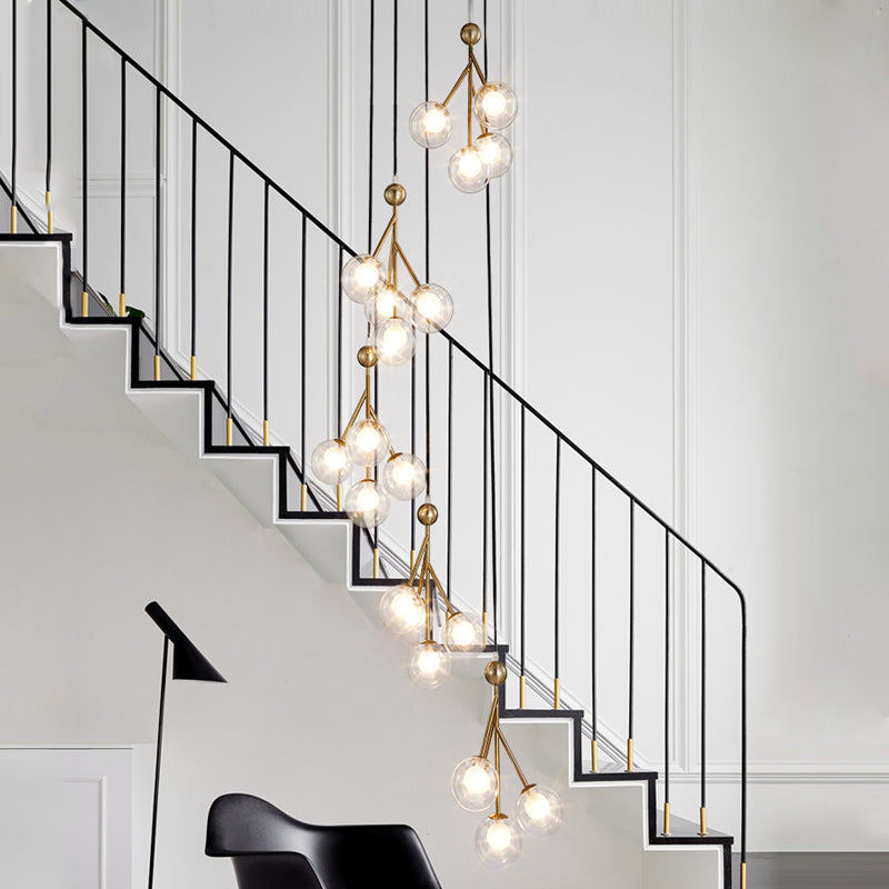 Minimalist Clear/Amber/Smoke Gray Glass Stair Cluster Pendant Lamp - Global 20-Light Ceiling Light in Black/Gold