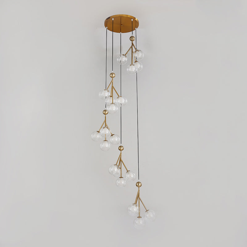 Minimalist Clear/Amber/Smoke Gray Glass Stair Cluster Pendant Lamp - Global 20-Light Ceiling Light in Black/Gold