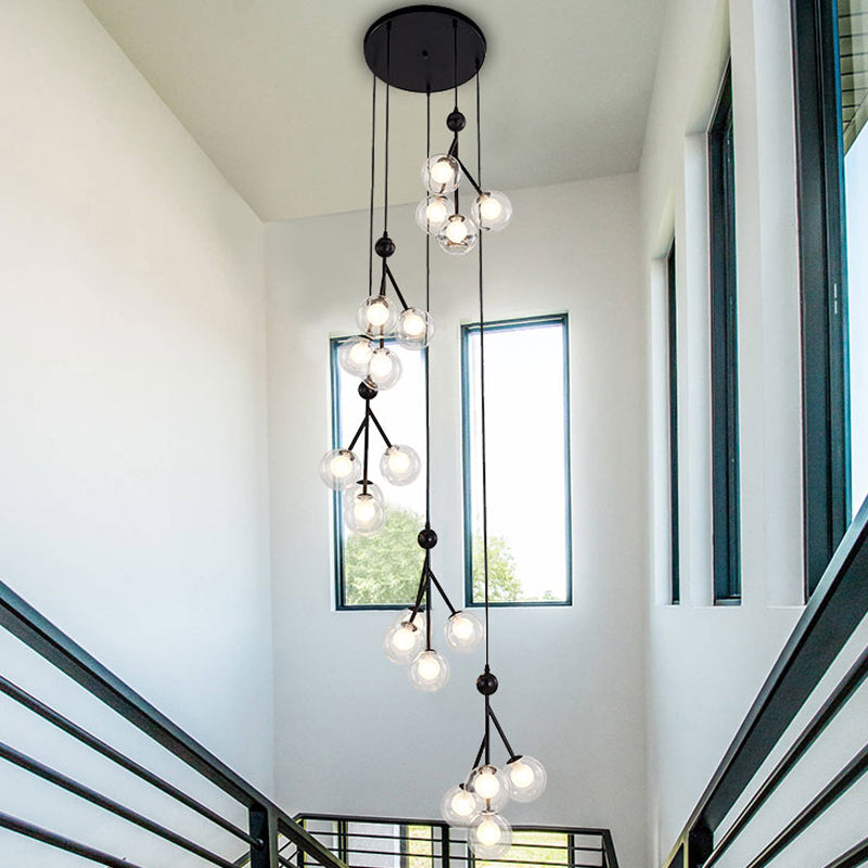 Minimalist Clear/Amber/Smoke Gray Glass Stair Cluster Pendant Lamp - Global 20-Light Ceiling Light in Black/Gold