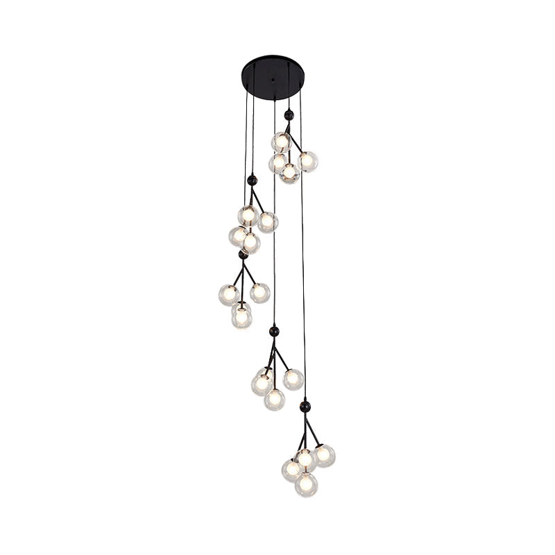 Minimalist Clear/Amber/Smoke Gray Glass Stair Cluster Pendant Lamp - Global 20-Light Ceiling Light in Black/Gold