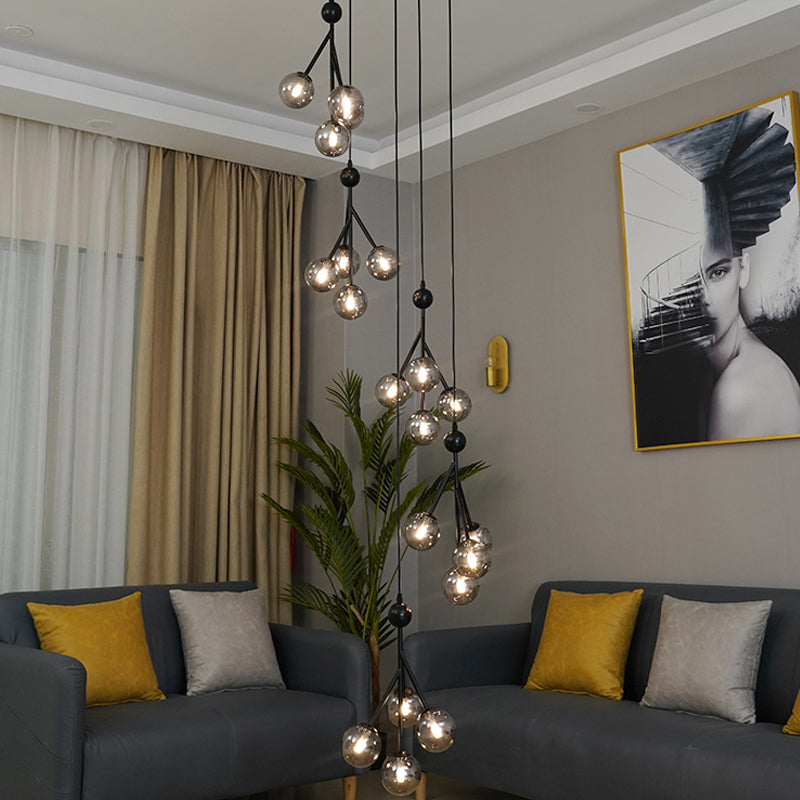 Minimalist Clear/Amber/Smoke Gray Glass Stair Cluster Pendant Lamp - Global 20-Light Ceiling Light in Black/Gold