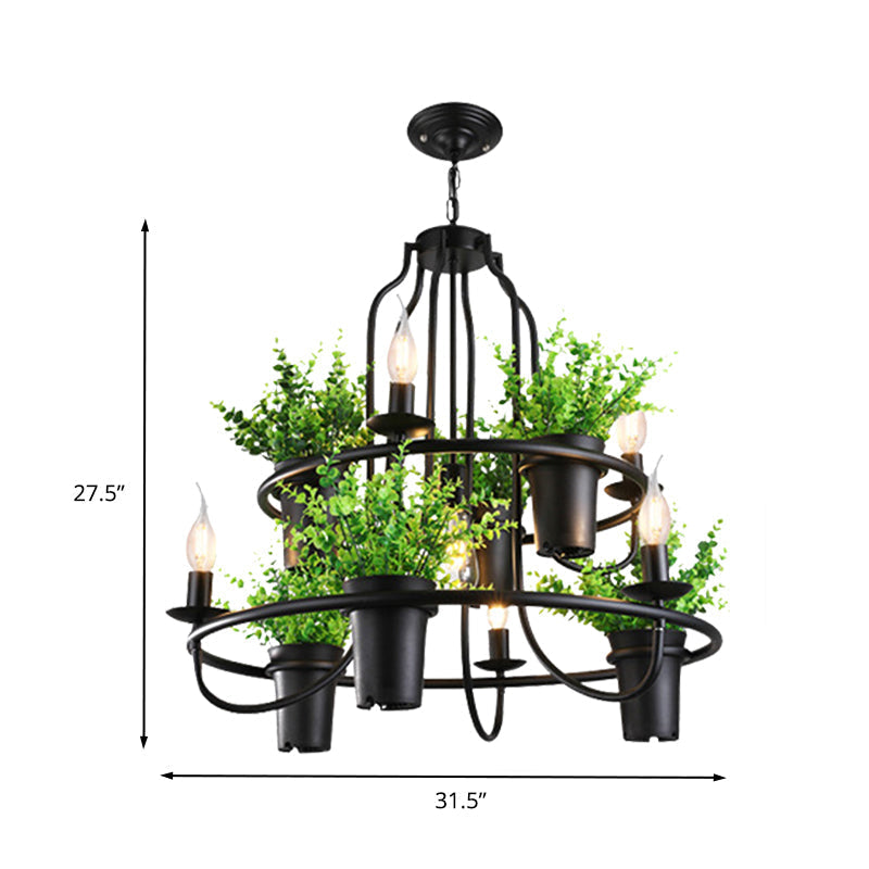Industrial 4/7 Bulb Candle Metal Chandelier Light: Black Led Restaurant Hanging Lamp With Plant