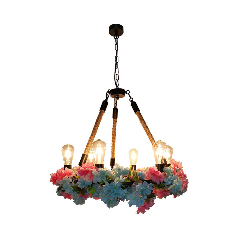 Lustre LED industriel en métal avec 6 ampoules, finition noire et détails en fleur de cerisier