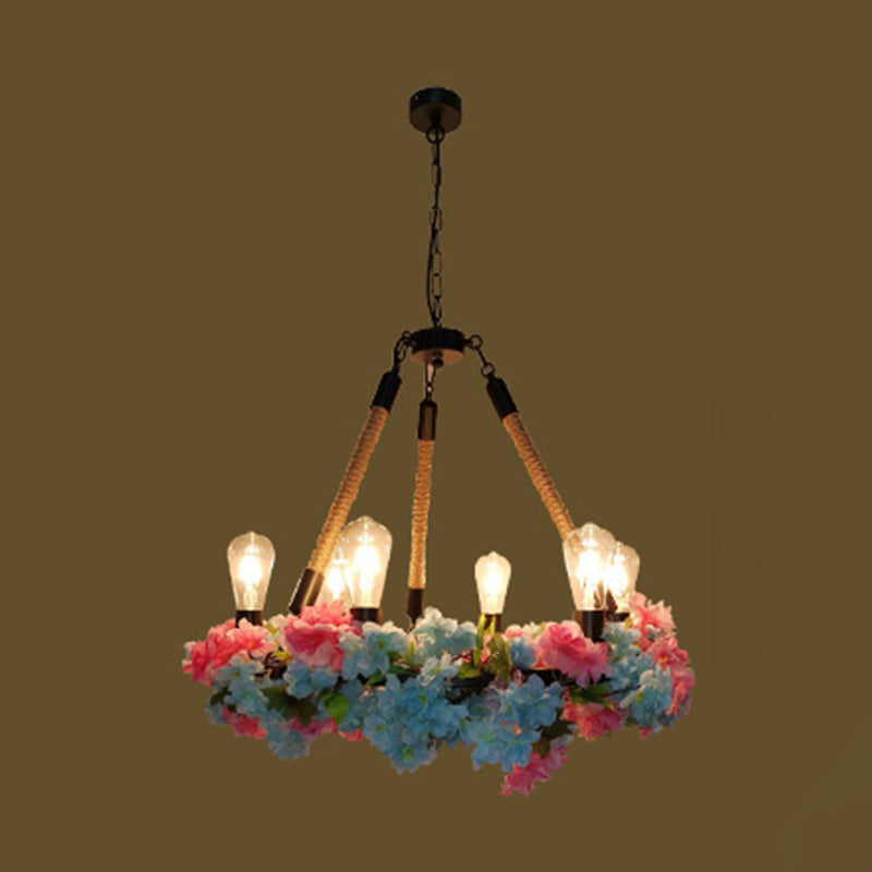 Lustre LED industriel en métal avec 6 ampoules, finition noire et détails en fleur de cerisier