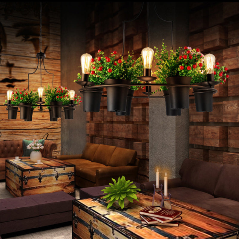 Suspension LED industrielle en métal noir/blanc pour plantes - 6 lumières, 1/2 niveaux. Parfait pour les restaurants.