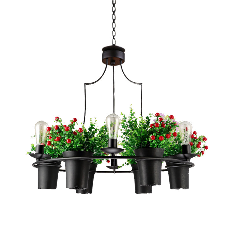Suspension LED industrielle en métal noir/blanc pour plantes - 6 lumières, 1/2 niveaux. Parfait pour les restaurants.
