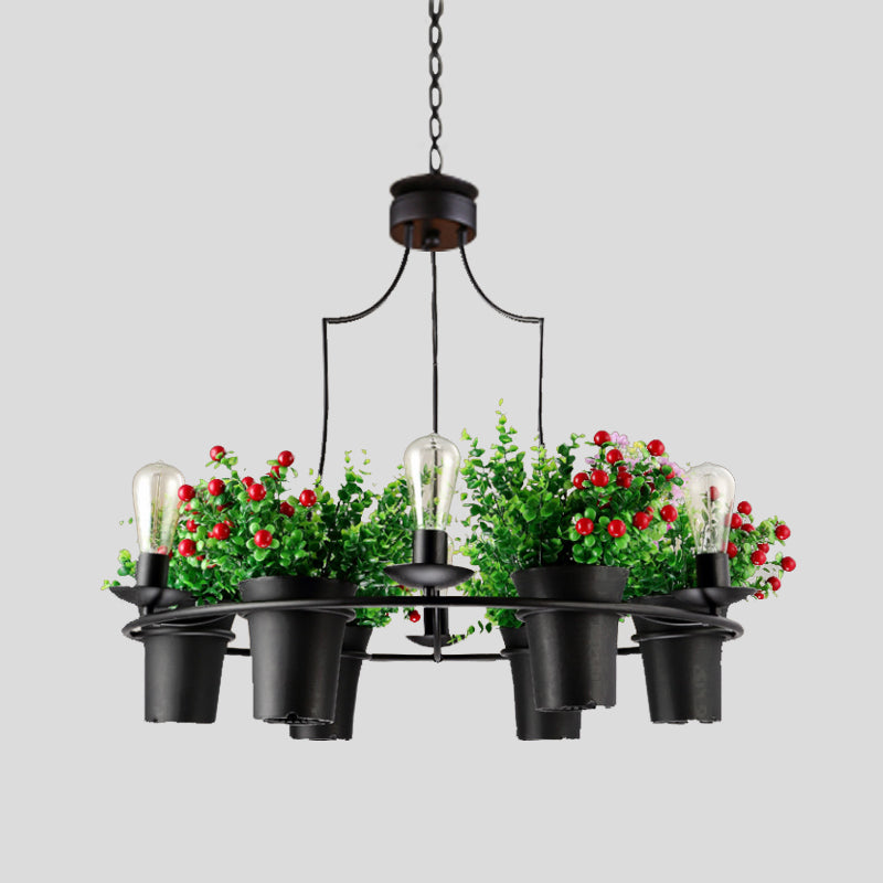 Suspension LED industrielle en métal noir/blanc pour plantes - 6 lumières, 1/2 niveaux. Parfait pour les restaurants.