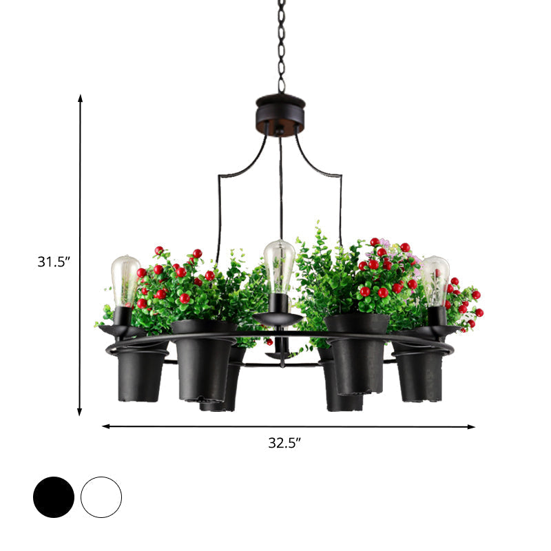 Suspension LED industrielle en métal noir/blanc pour plantes - 6 lumières, 1/2 niveaux. Parfait pour les restaurants.