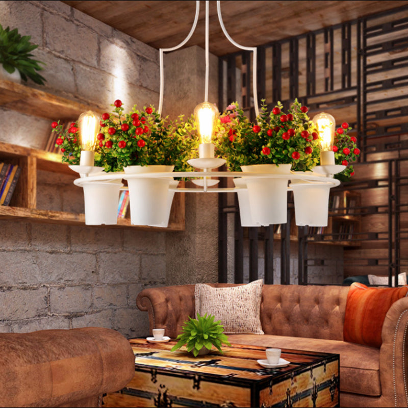 Suspension LED industrielle en métal noir/blanc pour plantes - 6 lumières, 1/2 niveaux. Parfait pour les restaurants.