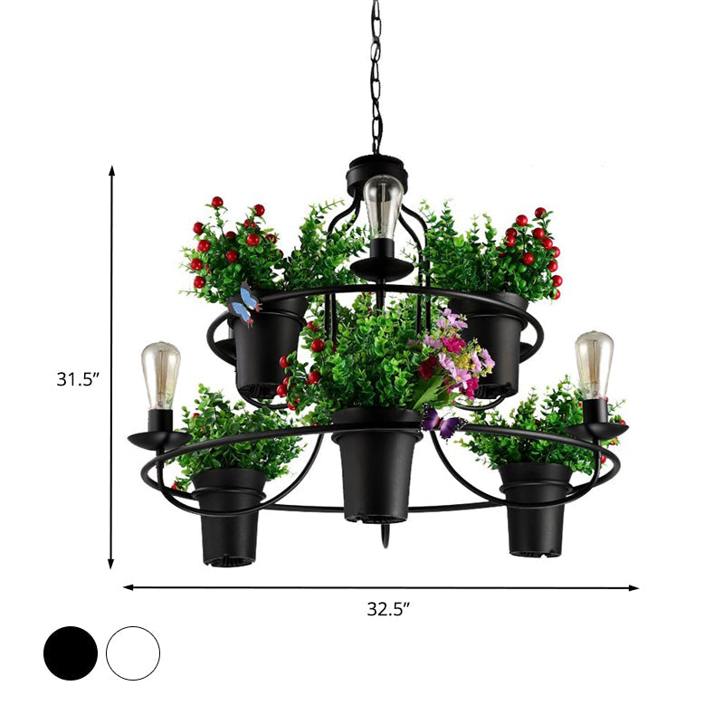 Suspension LED industrielle en métal noir/blanc pour plantes - 6 lumières, 1/2 niveaux. Parfait pour les restaurants.