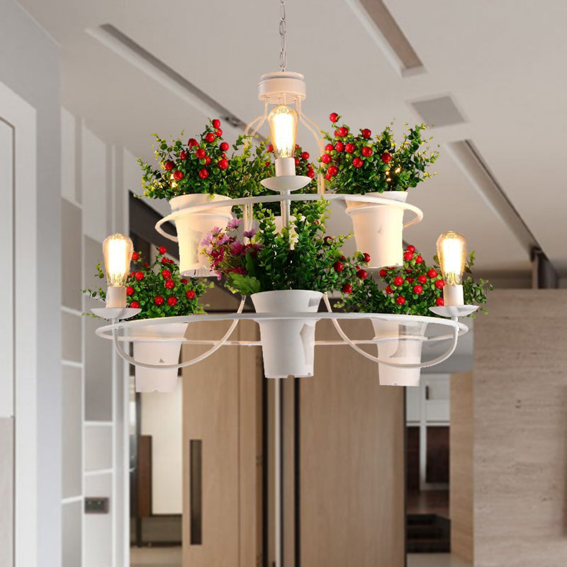 Suspension LED industrielle en métal noir/blanc pour plantes - 6 lumières, 1/2 niveaux. Parfait pour les restaurants.