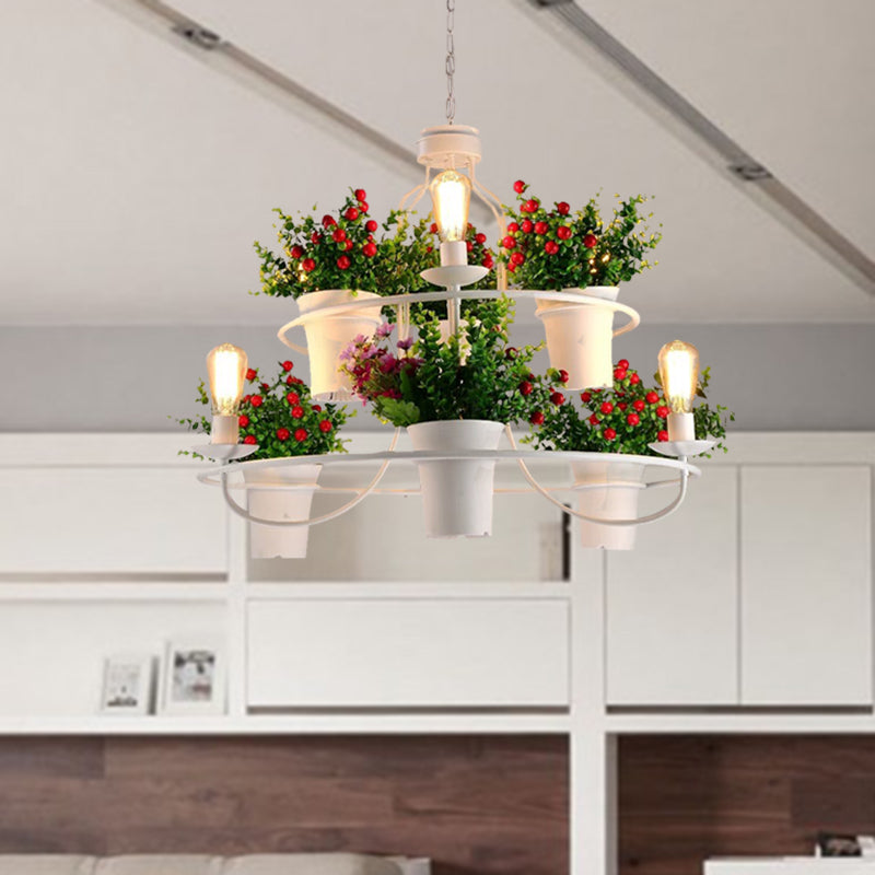 Suspension LED industrielle en métal noir/blanc pour plantes - 6 lumières, 1/2 niveaux. Parfait pour les restaurants.