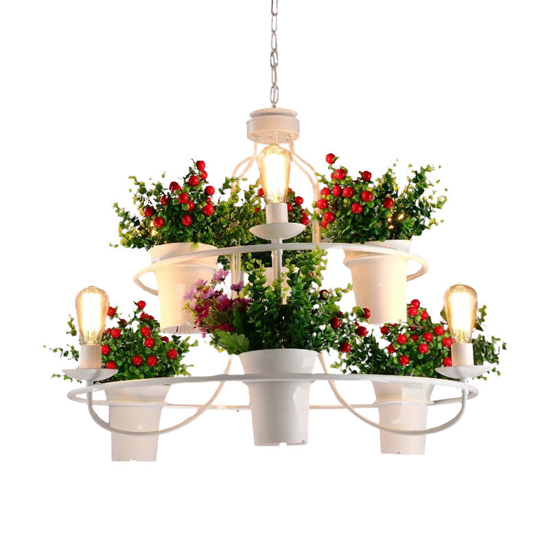 Suspension LED industrielle en métal noir/blanc pour plantes - 6 lumières, 1/2 niveaux. Parfait pour les restaurants.