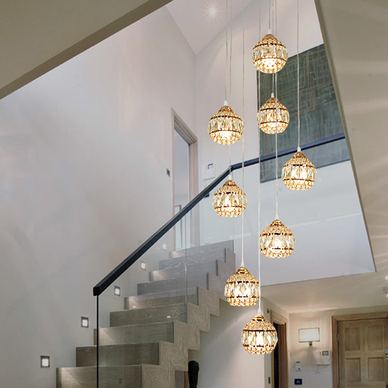 Modern Gold Crystal Pendant Light Cluster with 8 Lights for Stair - Meteor Shower Inspired Hanging Ceiling Fixture