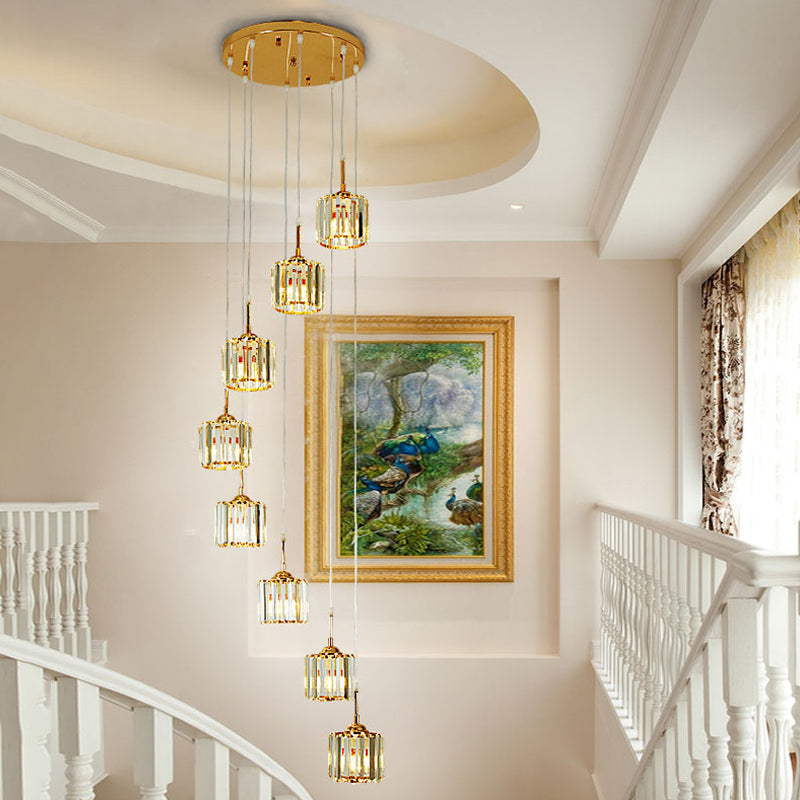 Modern Gold Crystal Mini Drum Pendant Light with Spiral Design - 8 Bulbs