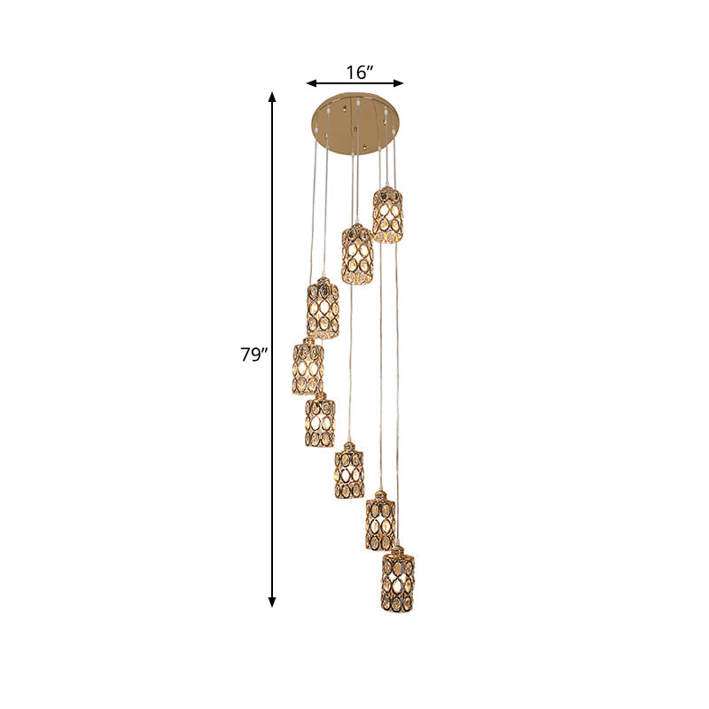 Contemporary Gold Stair Pendant with Crystal Cylinder Shades - 8-Head Multi-Light Hanging Lamp