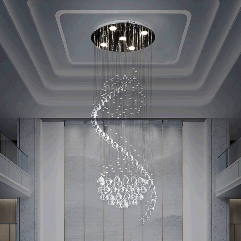 Contemporary Clear Crystal Spiral Pendant with 5 LED Lights - Stylish Living Room Hanging Lamp