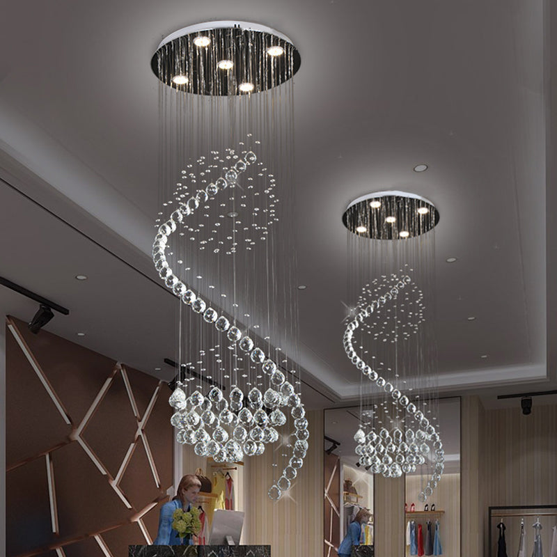 Contemporary Clear Crystal Spiral Pendant with 5 LED Lights - Stylish Living Room Hanging Lamp