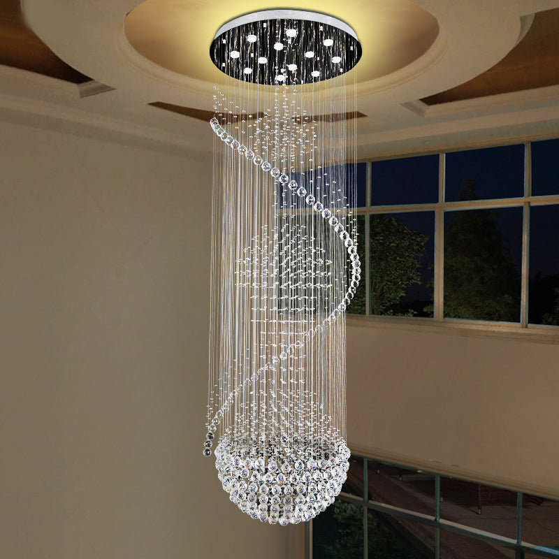 Modernist Silver Crystal LED Cluster Pendant Light with 12 Hanging Lamp Heads, Orbs, and Rods