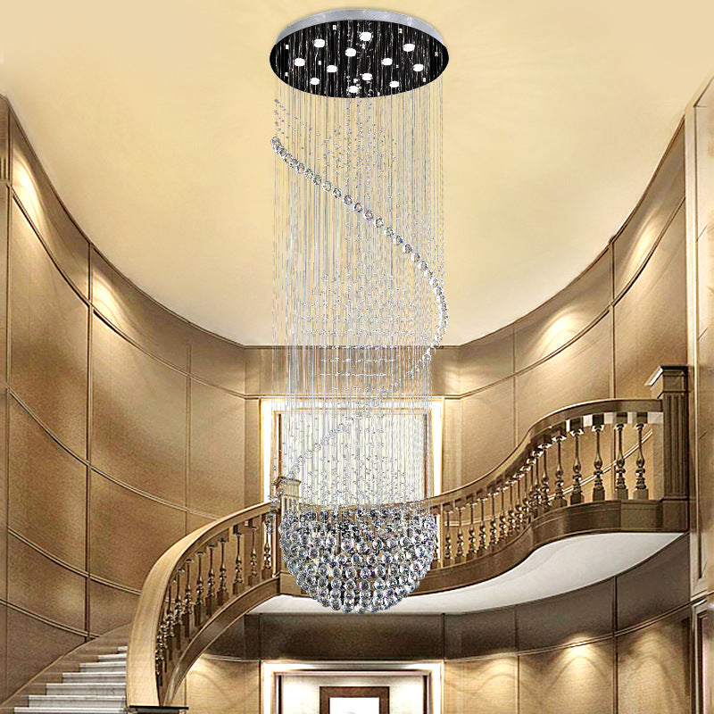 Modernist Silver Crystal LED Cluster Pendant Light with 12 Hanging Lamp Heads, Orbs, and Rods