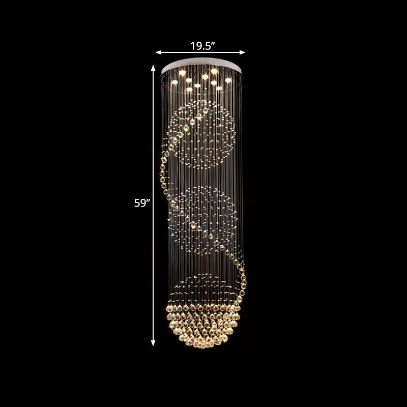 Modern Crystal Ball Pendant - Silver 10-Light Hanging Light For Stairway