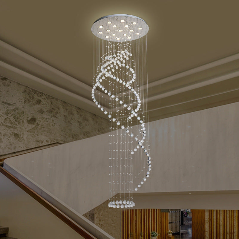 Silver Modernist Spiral Led Ceiling Light With Clear Crystal Cluster - 17 Bulbs Pendant Lamp