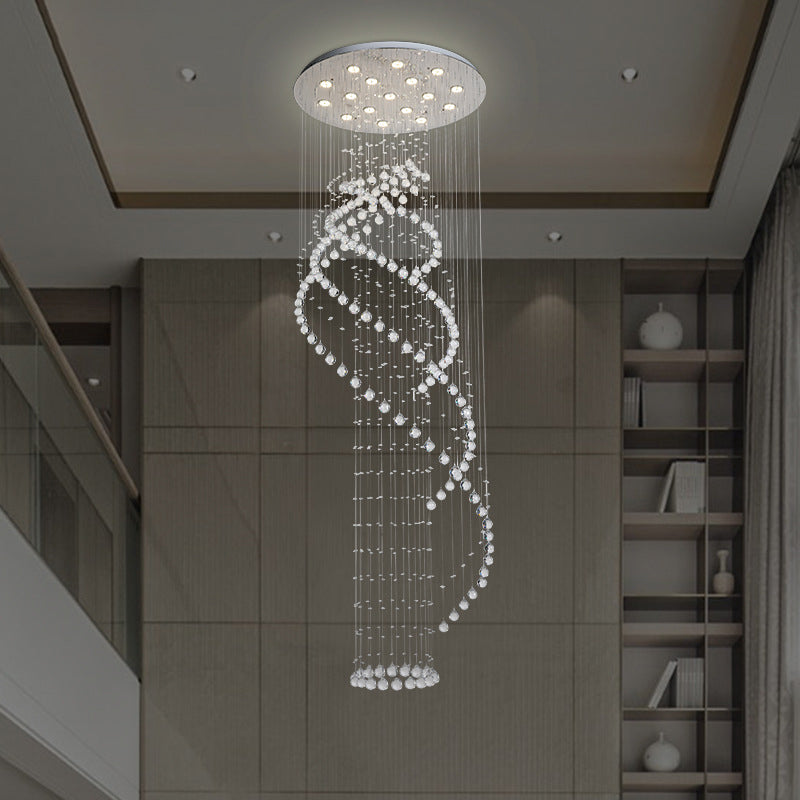 Silver Modernist Spiral Led Ceiling Light With Clear Crystal Cluster - 17 Bulbs Pendant Lamp