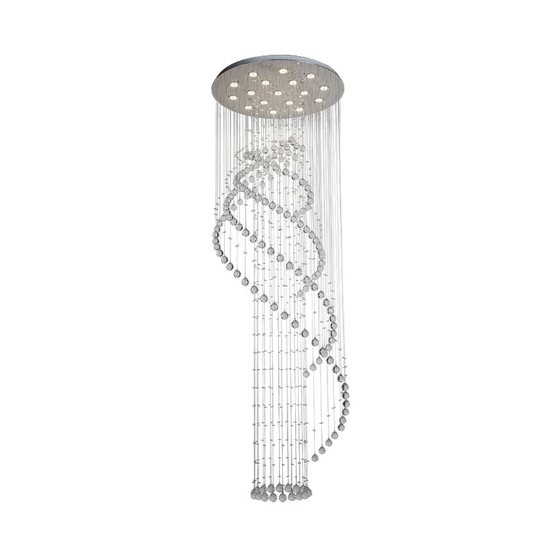 Sleek LED Ceiling Light: Modernist Spiral Design, 17 Bulbs, Clear Crystal Cluster Pendant in Silver