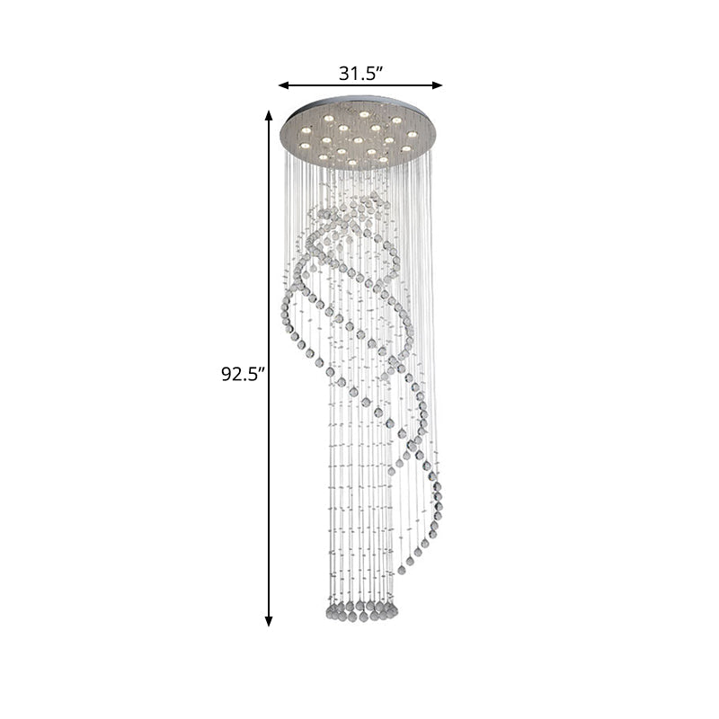 Sleek LED Ceiling Light: Modernist Spiral Design, 17 Bulbs, Clear Crystal Cluster Pendant in Silver