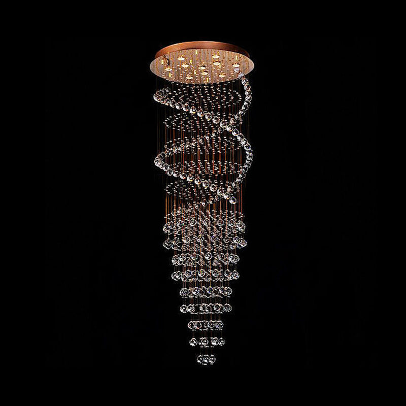 Modern 10-Head Spiral Hanging Lamp with Brass Finish, Clear Crystals, and LED Lights