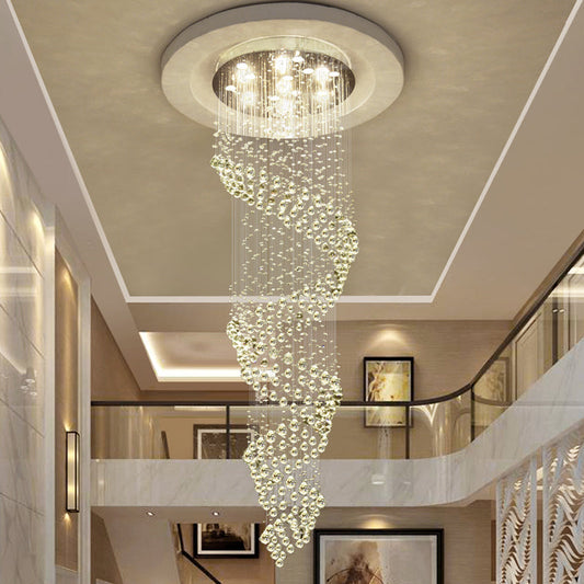 Sleek Spiral LED Pendant Lamp - Clear Crystal, Minimalist Design, Silver Finish - 13-Light Chandelier for Living Room
