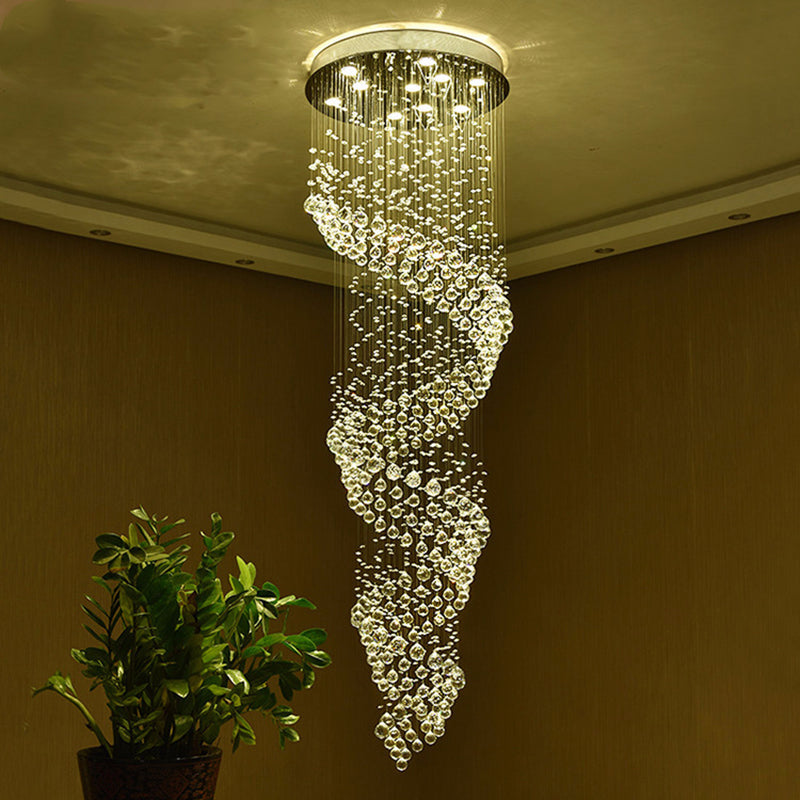 Sleek Spiral LED Pendant Lamp - Clear Crystal, Minimalist Design, Silver Finish - 13-Light Chandelier for Living Room